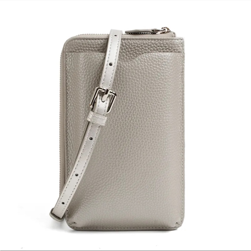 NWT Silver Genuine Leather Mini Phone Crossbody Bag Cowhide Small Shoulder